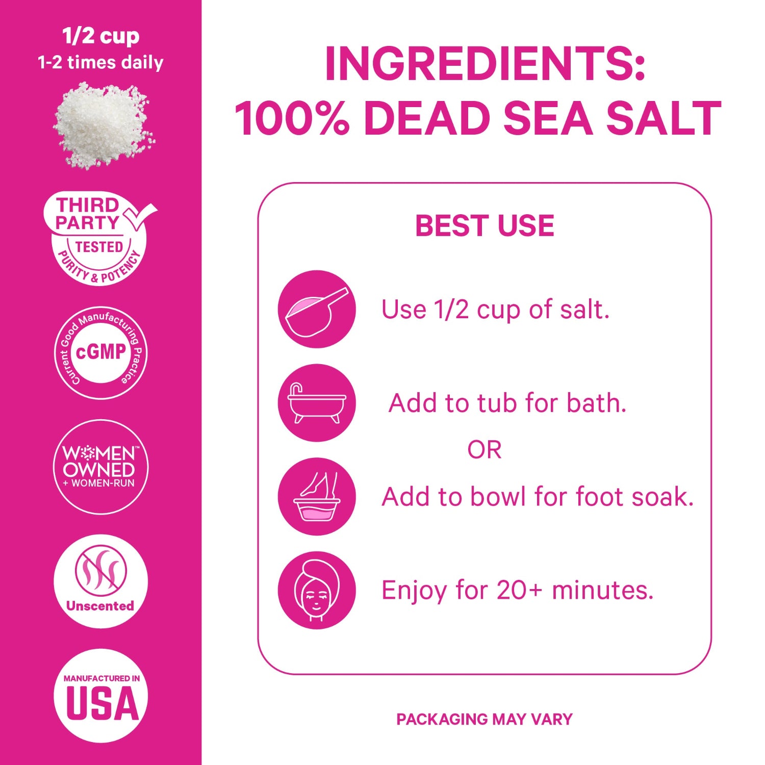 Dead Sea salt packaging with usage instructions and product details on a pink background