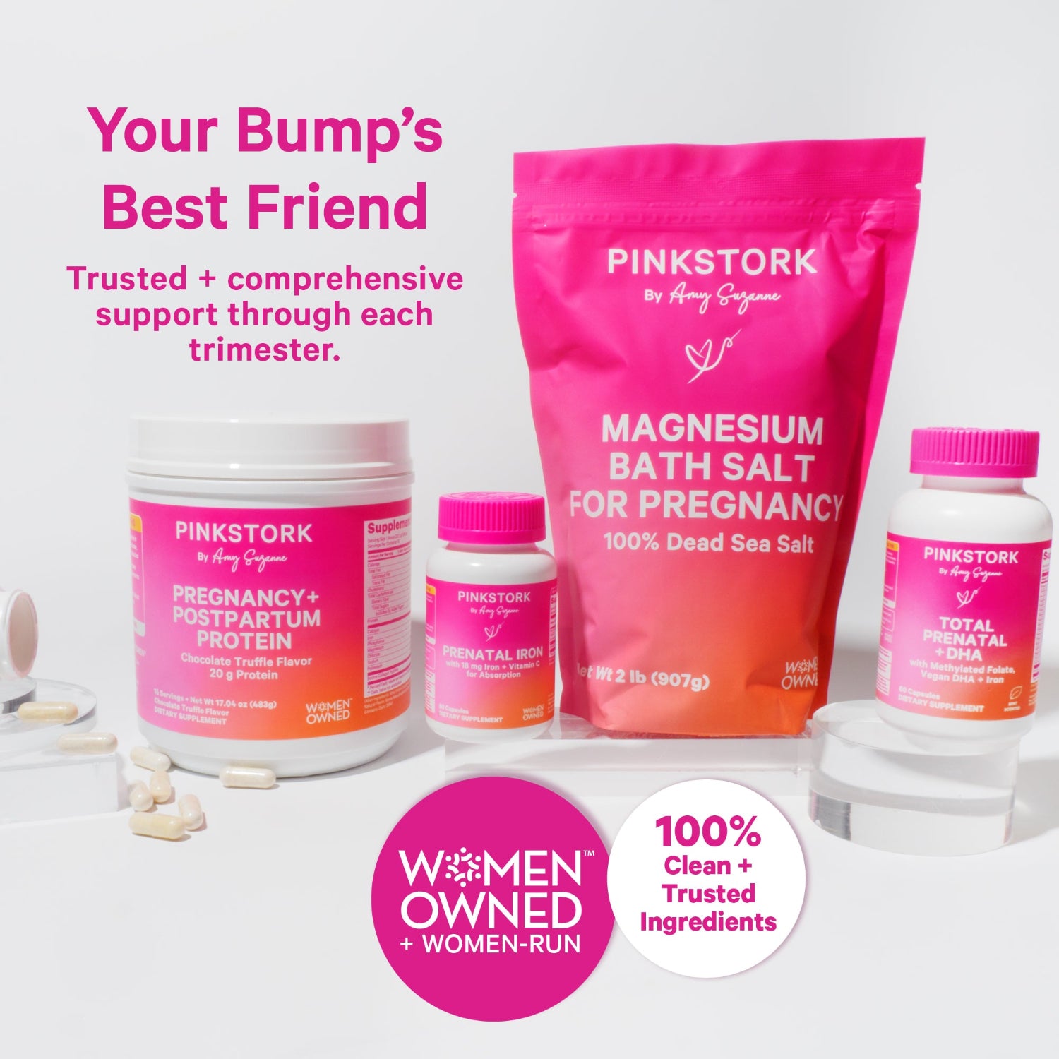 Pink Stor pregnancy and postpartum products on a white background