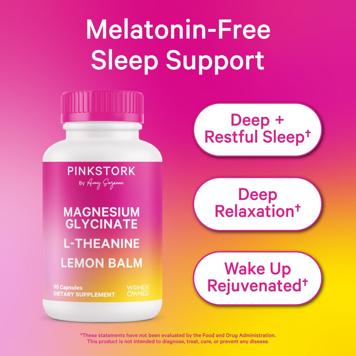 Pink Stork magnesium glycinate supplement bottle with pink and yellow gradient on a pink and orange background.