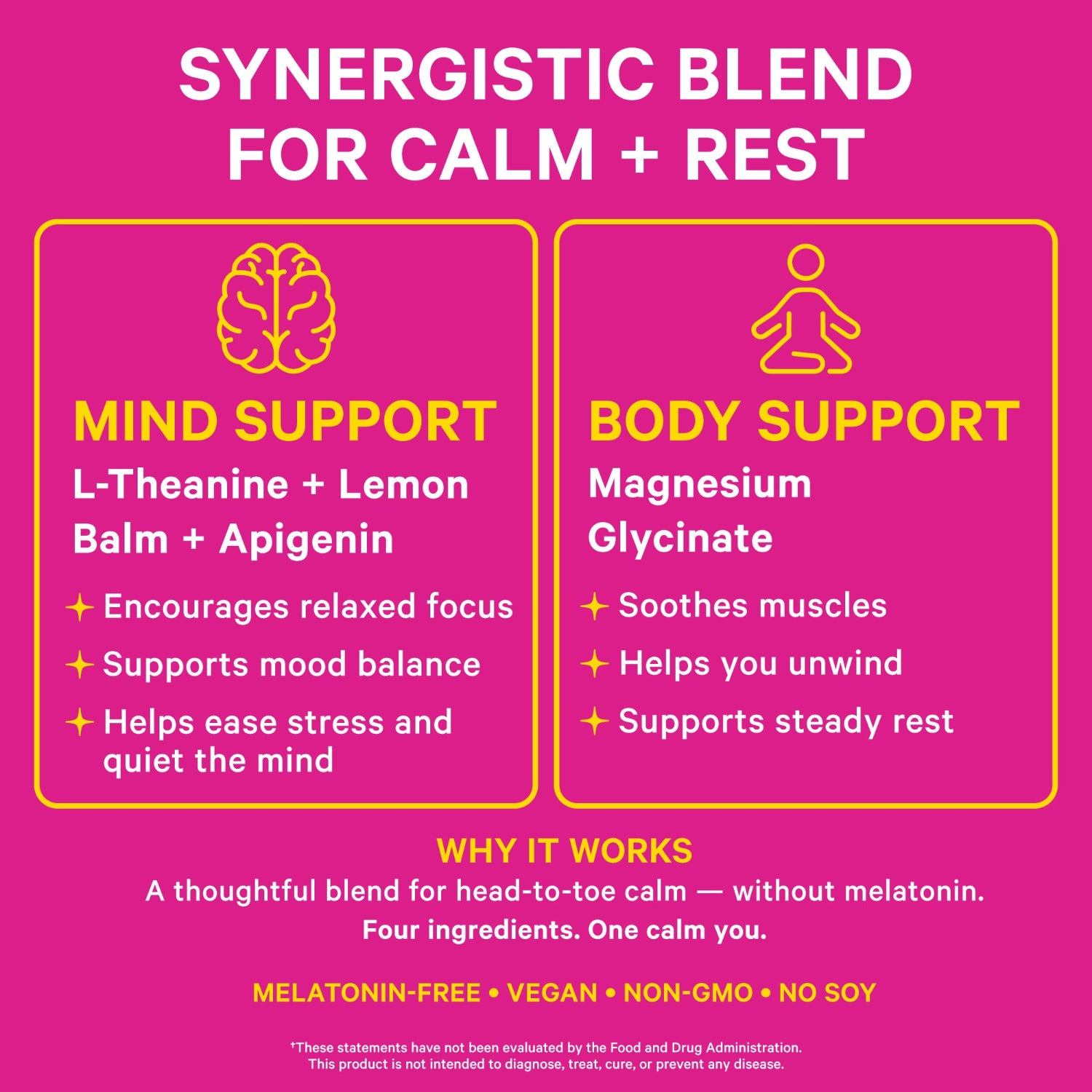 Product label for 'Synergistic Blend for Calm + Rest' with mind and body support on a pink background.