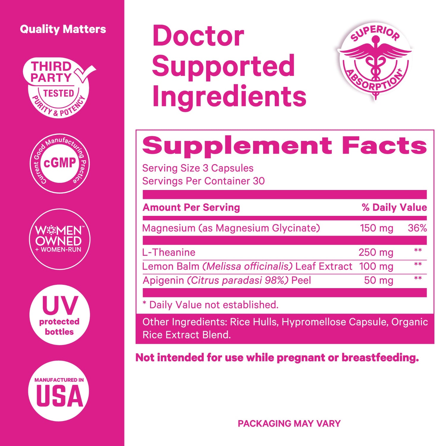 Supplement label with pink and white design, featuring ingredient list and supplement facts.