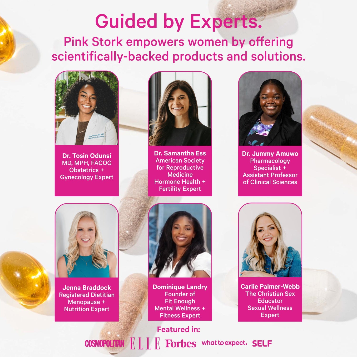 Advertisement featuring women with their expertise and a Pink Stork logo.