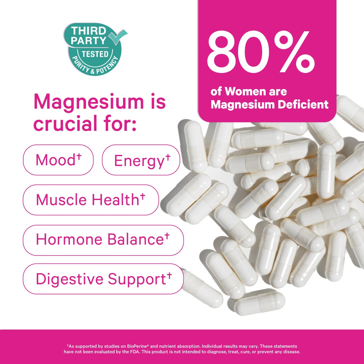 White capsules with text about magnesium deficiency and its benefits on a pink background