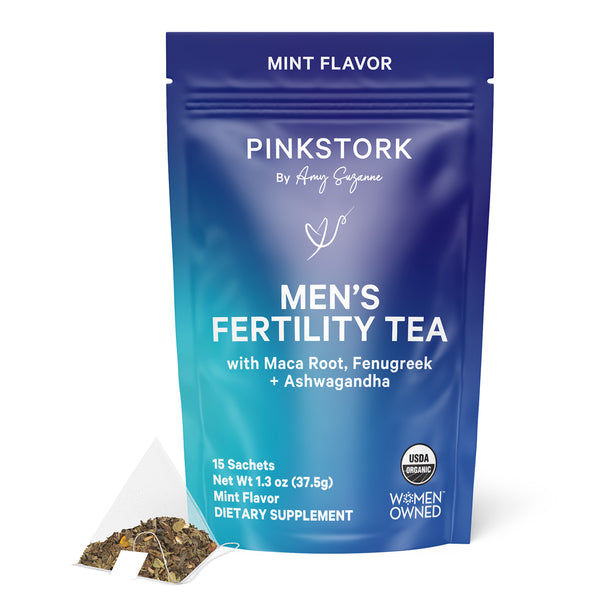 Pink Stork Men's Fertility Tea package with mint flavor on a white background