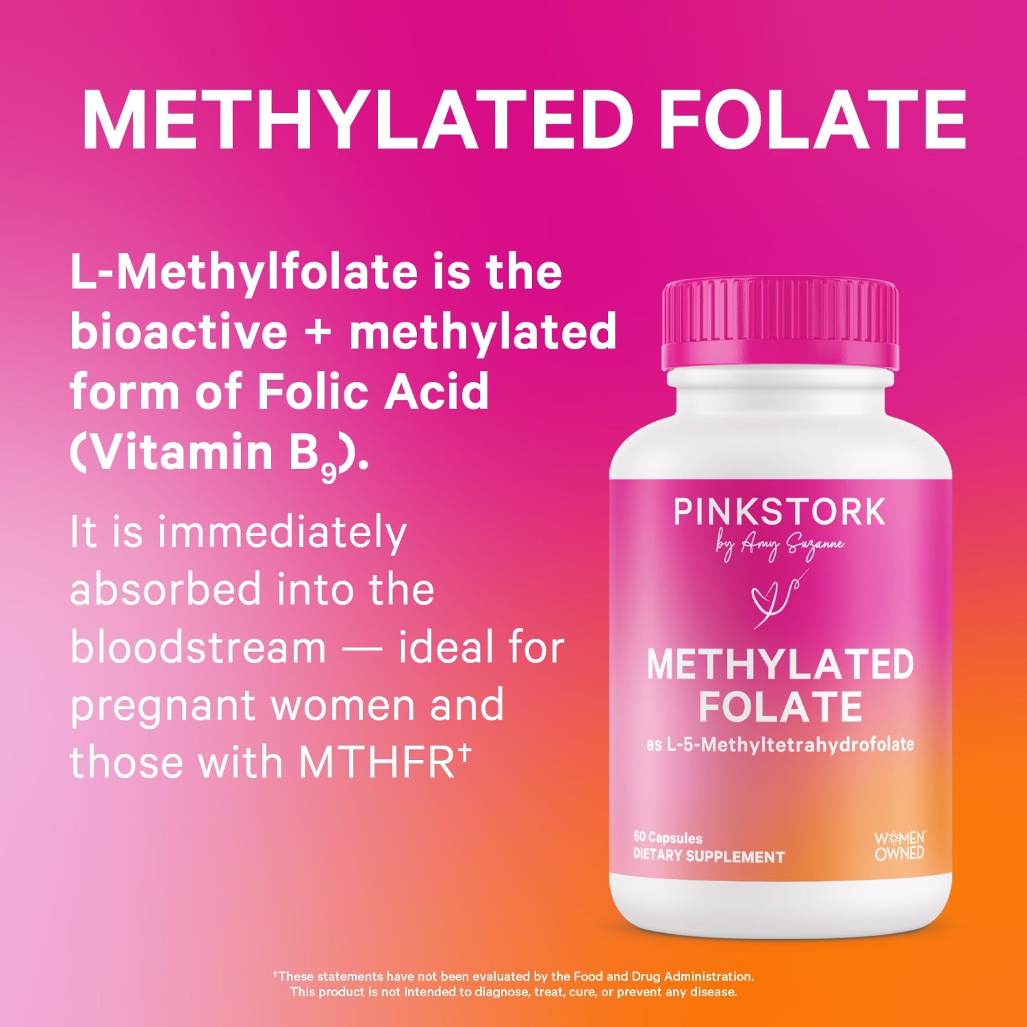Pink Stork Methylated Folate supplement bottle on a pink and orange gradient background with text about L-Methylfolate.