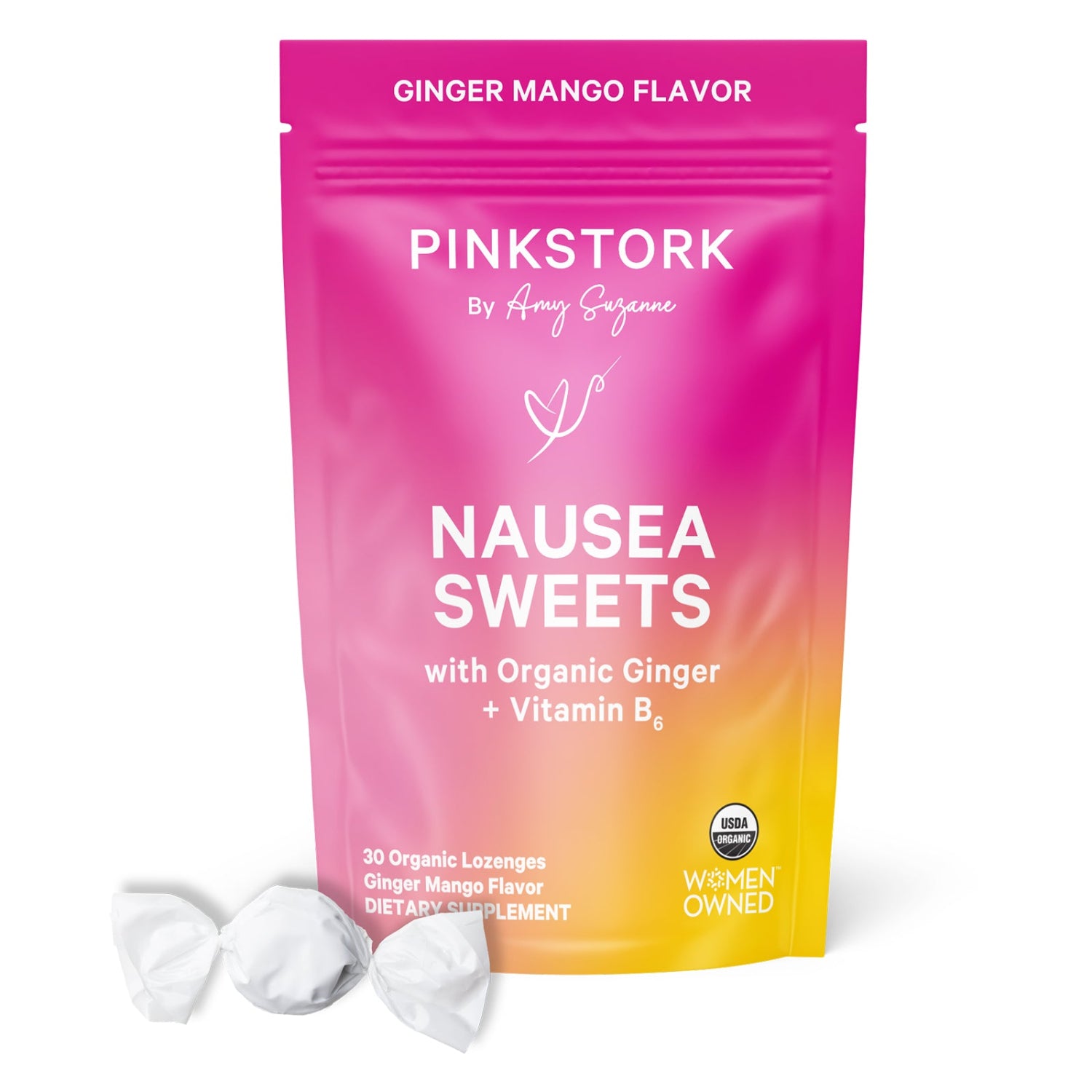 Pink Stork Ginger Mango Flavor Nausea Sweets packaging on a white background