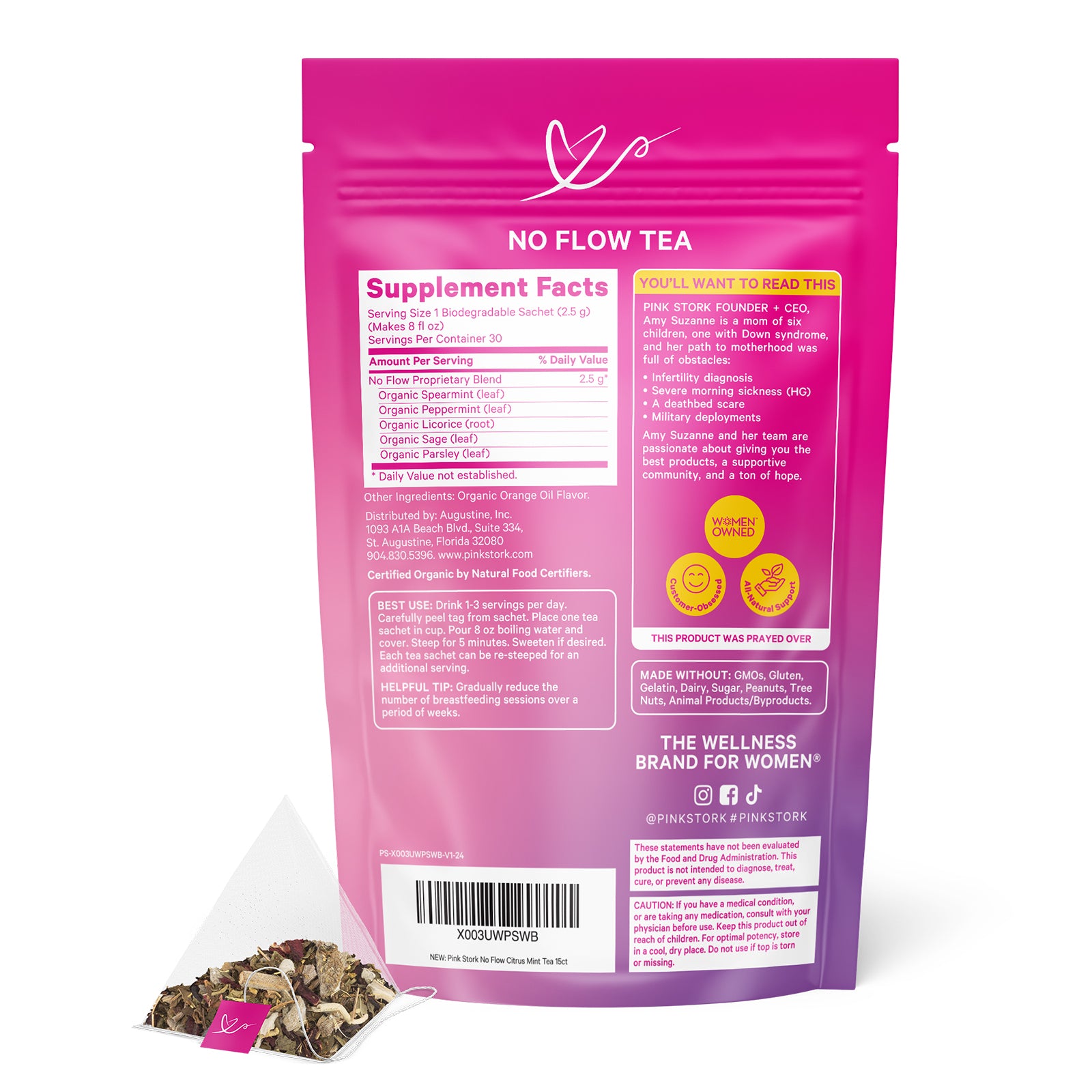 Pink package of 'No Flow Tea' with supplement facts on a white background