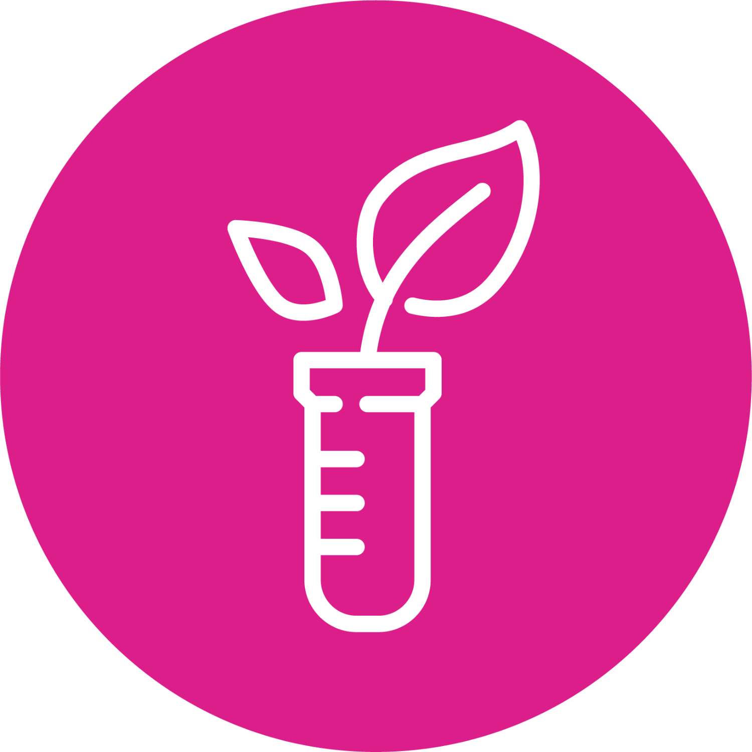 White icon of a test tube with leaves on a pink circle