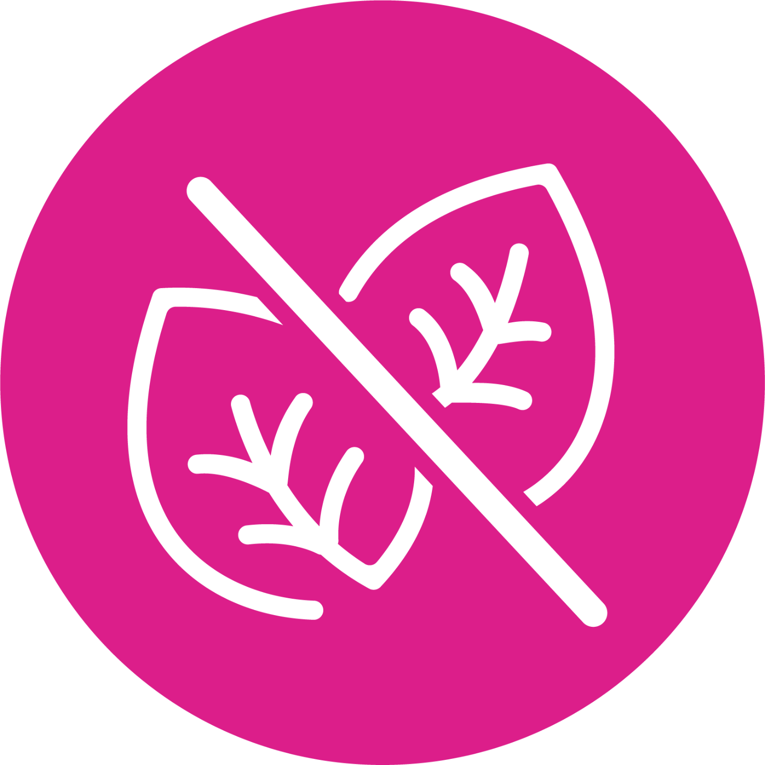 White icon of a shield with a cross through it on a pink circle background