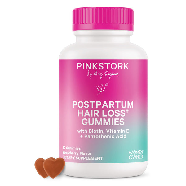 Pink Stork postpartum hair loss gummies bottle with pink cap on a white background