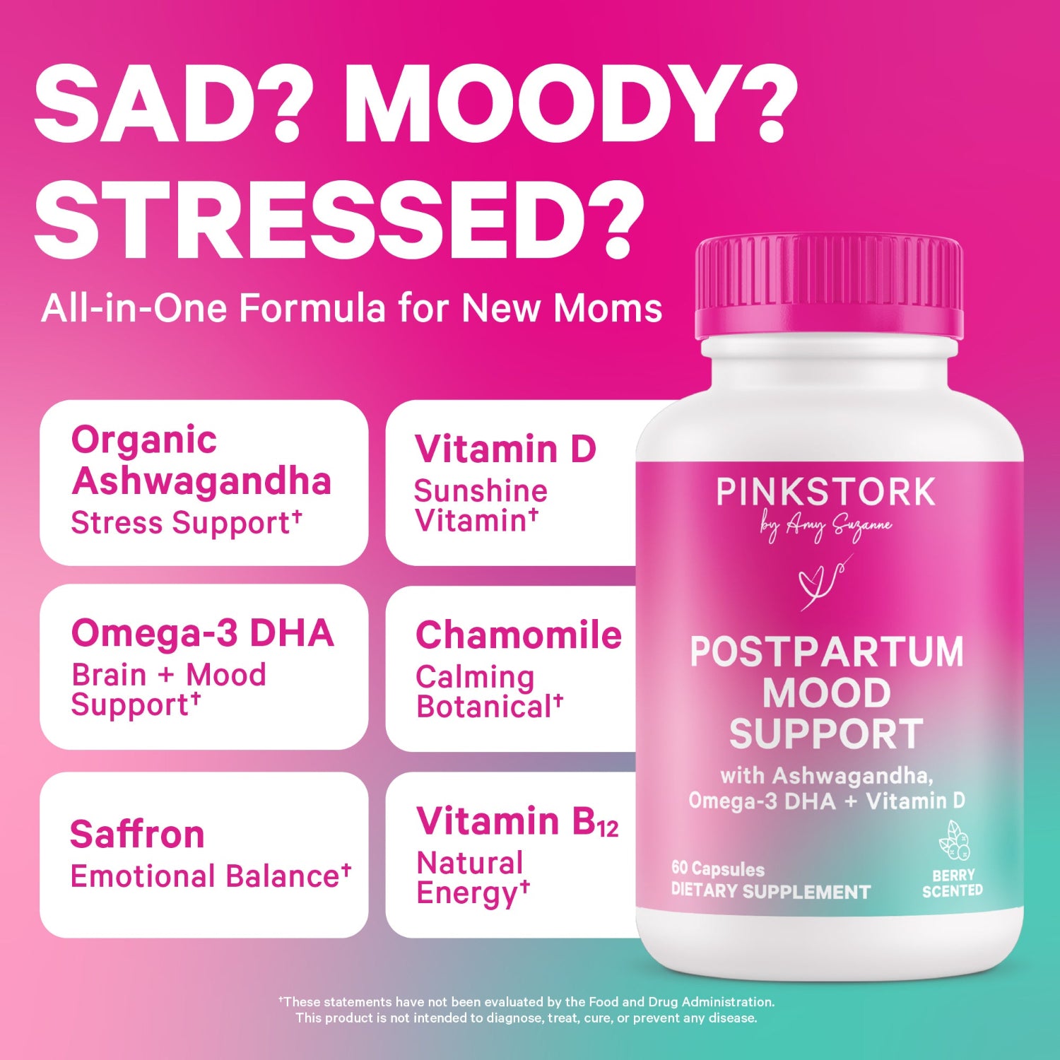 Pink Stork postpartum mood support supplement bottle with ingredients listed on a pink background