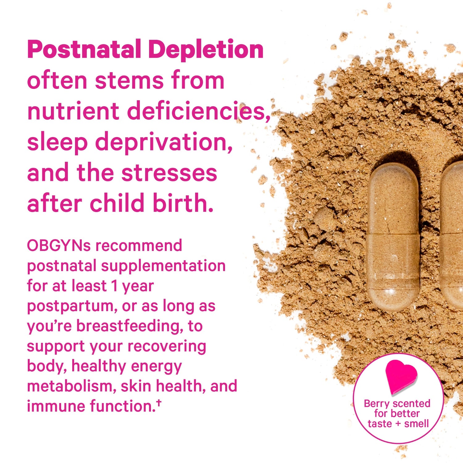 Vitamin supplement with text about postnatal depletion and supplementation needs.