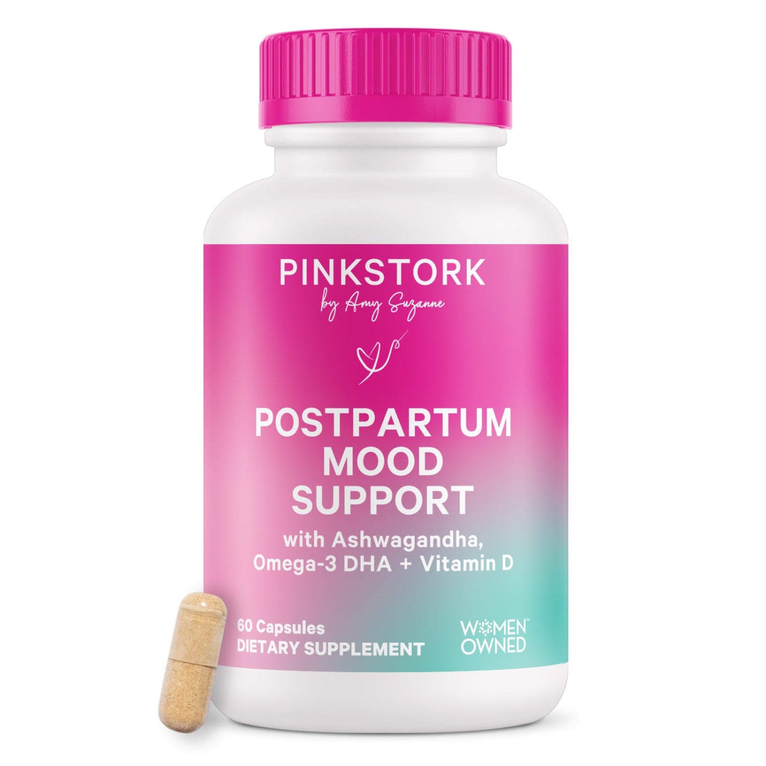 Pink Stork postpartum mood support supplement bottle with pink cap on a white background