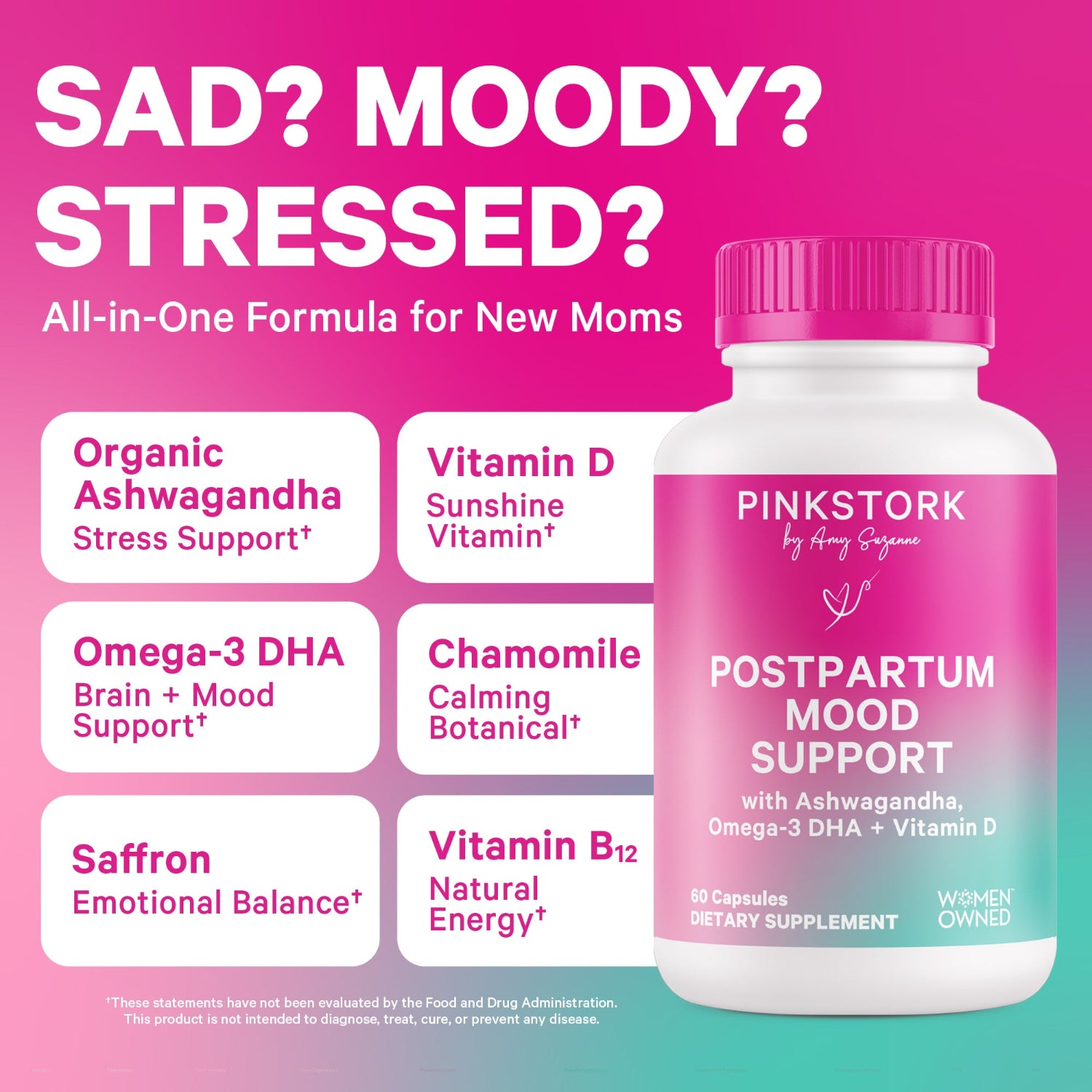 Pink bottle of Pink Stork Postpartum Mood Support supplement with ingredients listed on a pink and teal background.