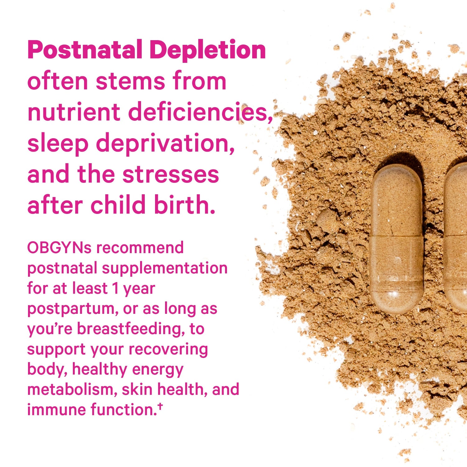 Vitamins with text about postnatal depletion and supplementation on a white background
