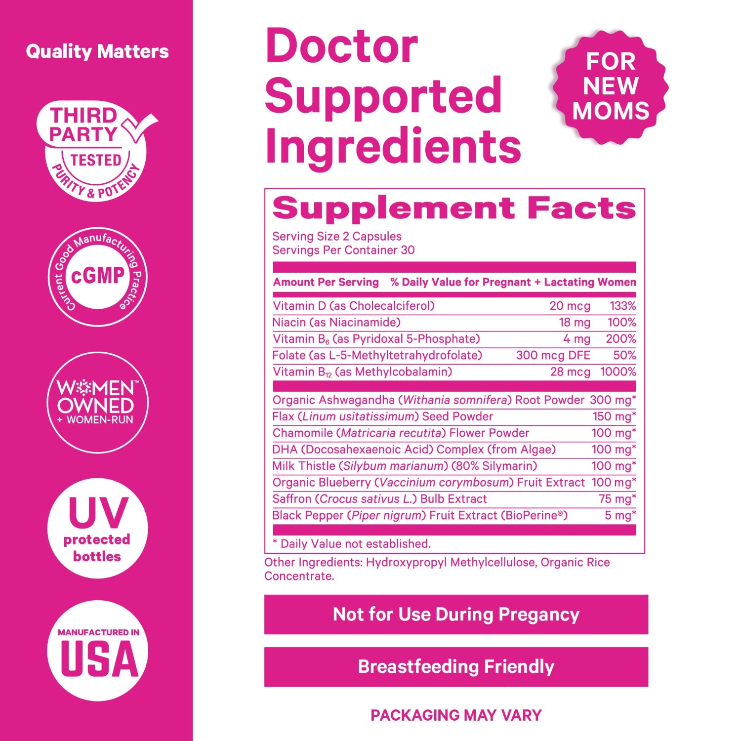 Supplement label with pink background and white text displaying ingredients and facts.