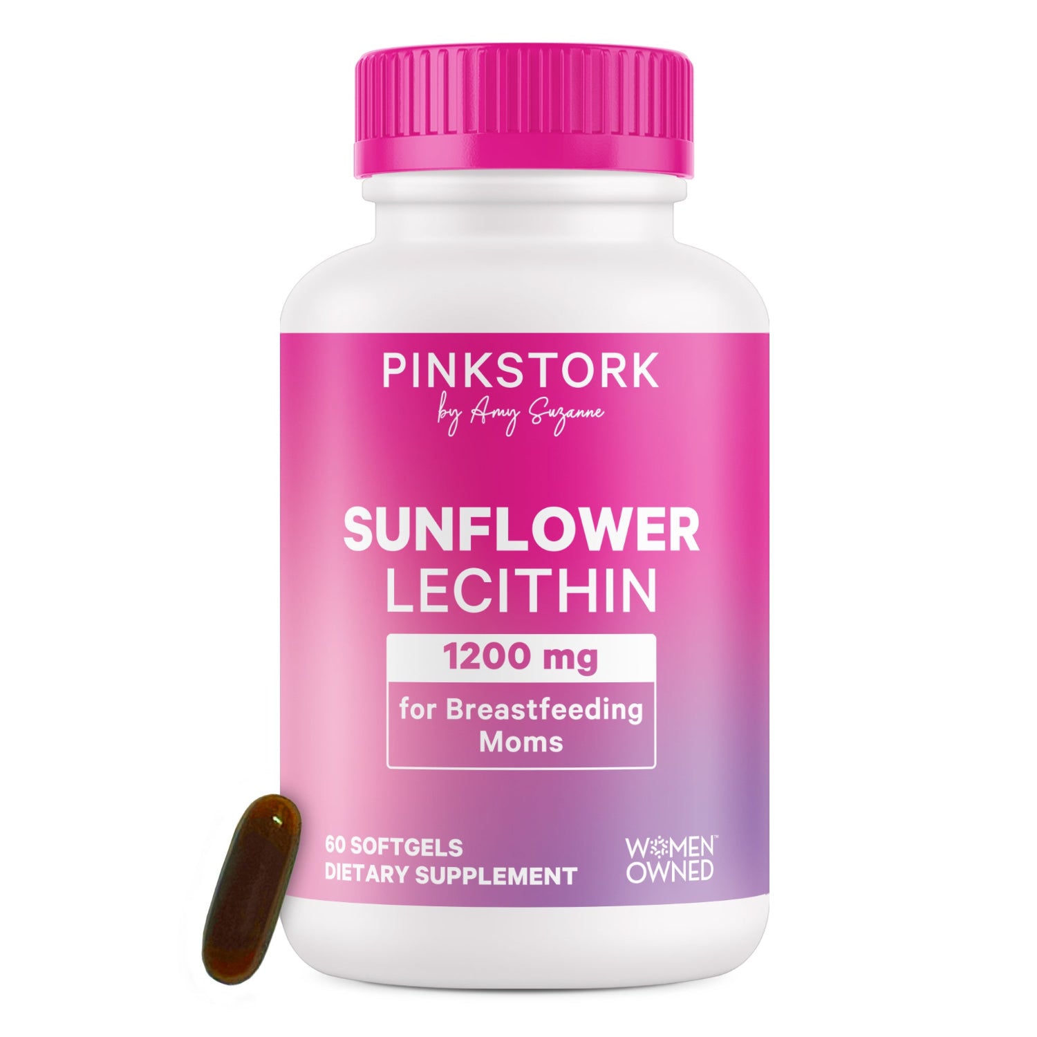 Supplement bottle labeled 'Sunflower Lecithin' by Pink Stork on a white background