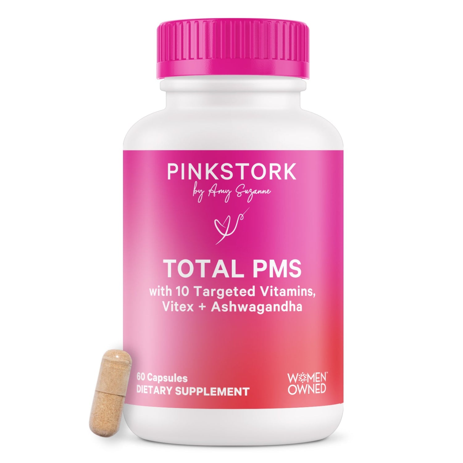 Pink Stork Total PMS supplement bottle with pink cap on a white background