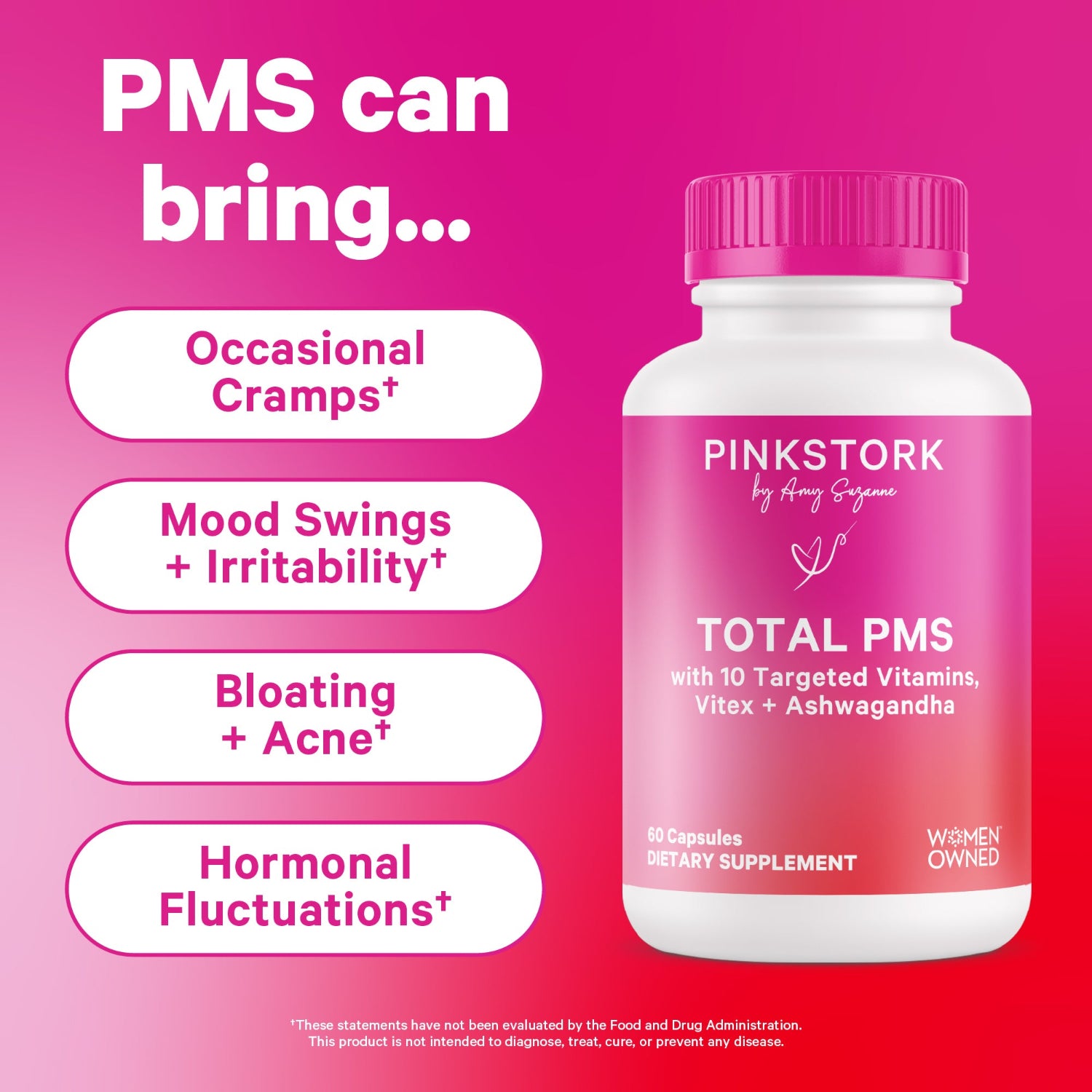 Pink Stork Total PMS supplement bottle on a pink background with text about PMS symptoms.