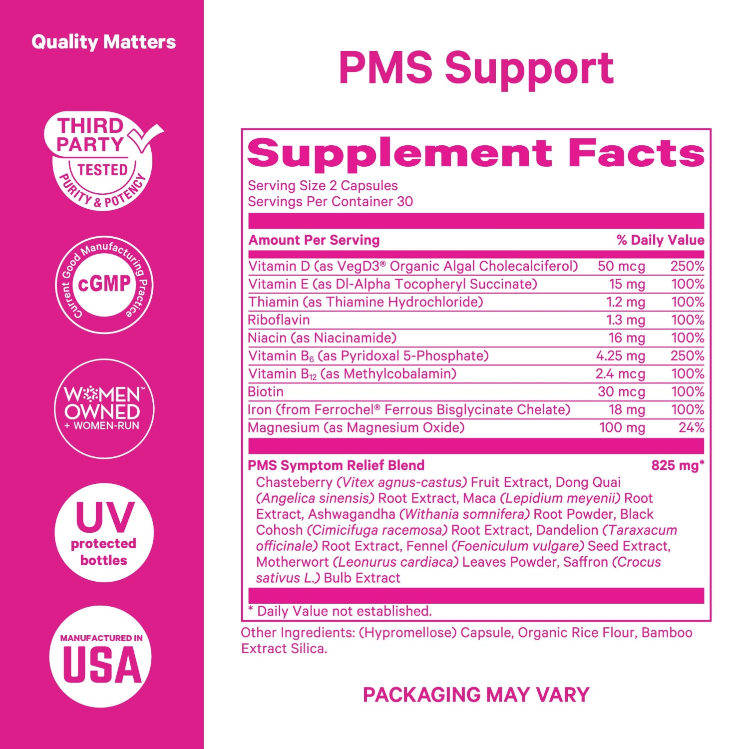 Supplement label for PMS support with ingredient list and certification logos on a pink background