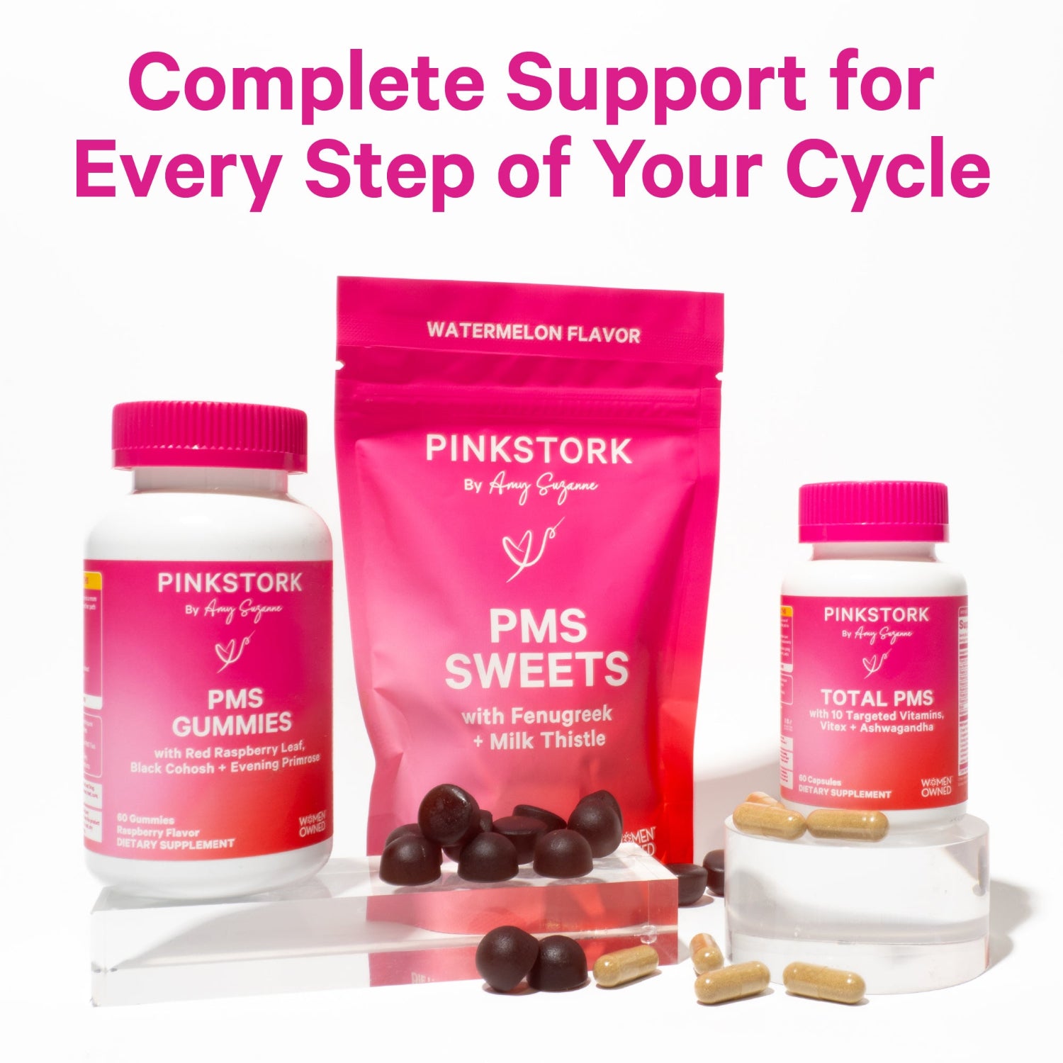 Pink Stork PMS products including gummies, pouches, and capsules on a white background with text 'Complete Support for Every Step of Your Cycle'.