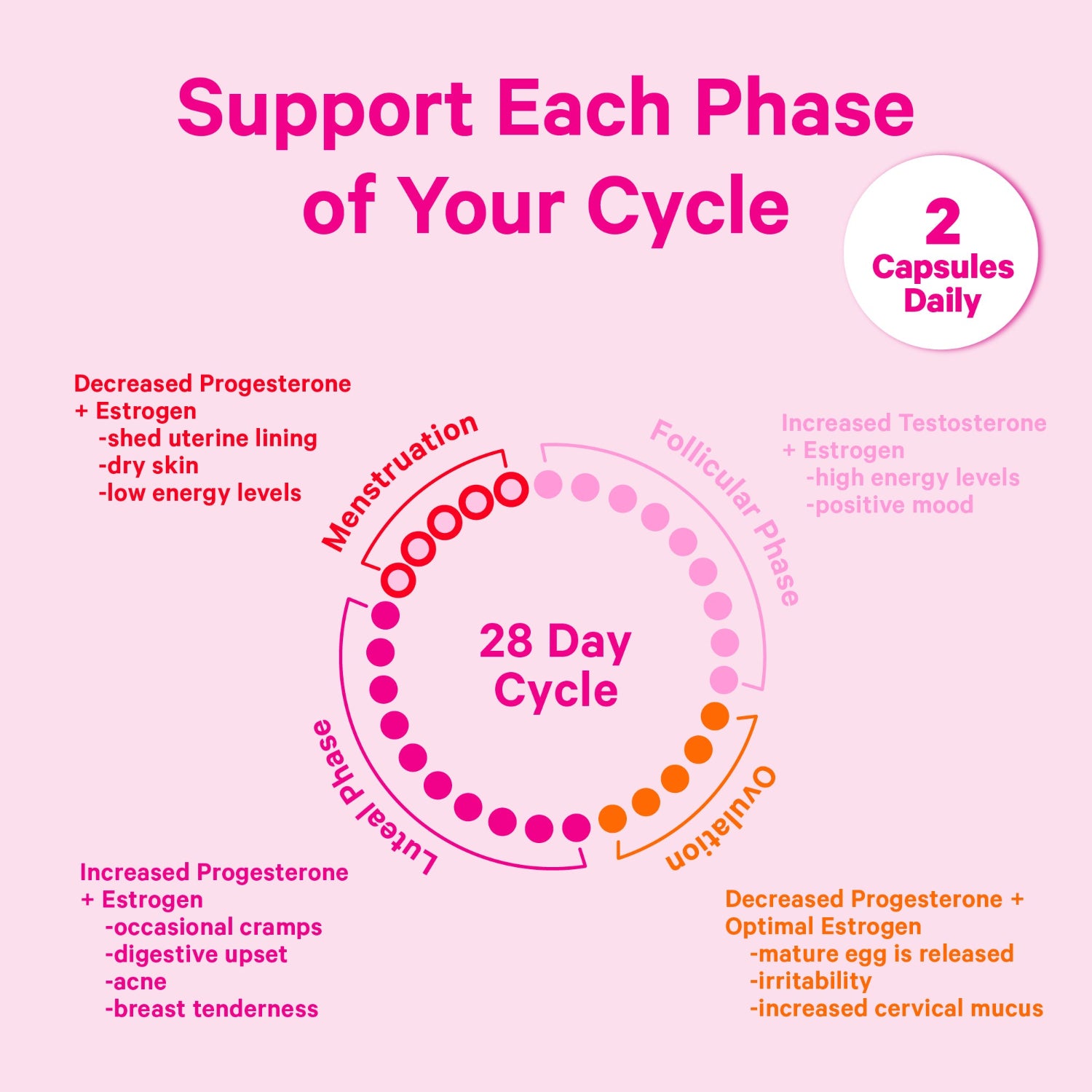 Diagram of a 28-day menstrual cycle with phases and corresponding health effects on a pink background.