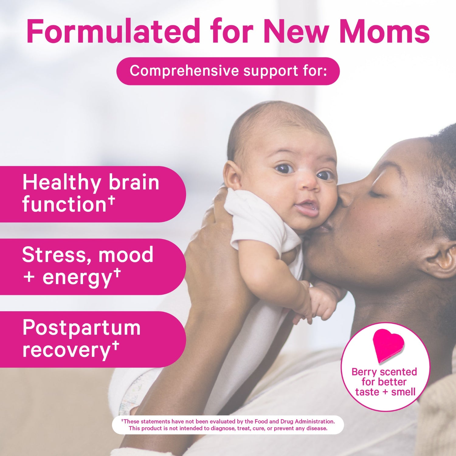 Advertisement for a product formulated for new moms, featuring a mother holding a baby.