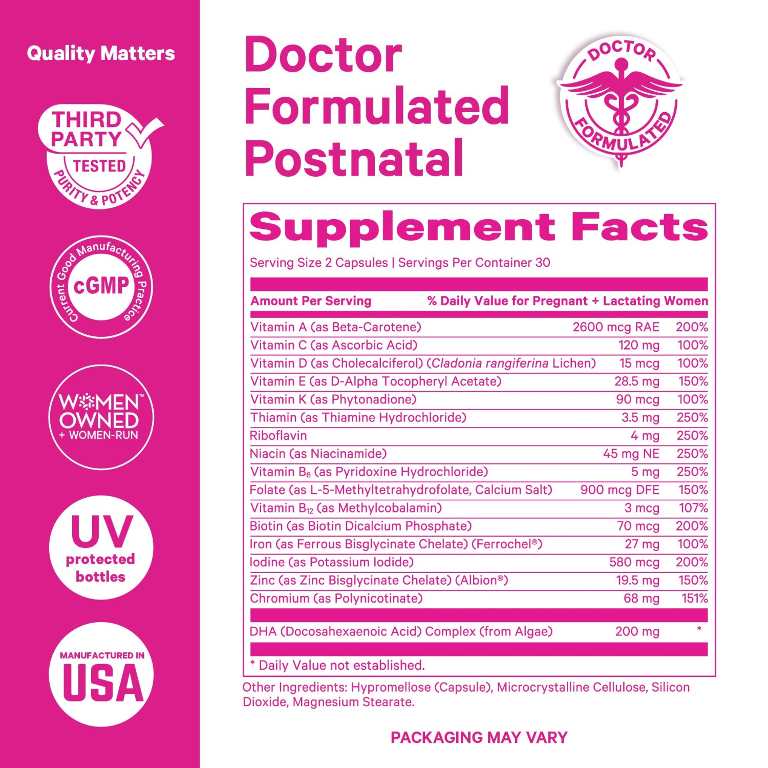 Supplement label for 'Doctor Formulated Postnatal' with supplement facts on a pink background.