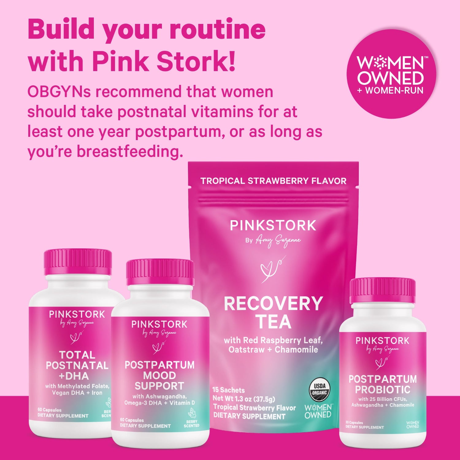 Pink Stork postpartum vitamins and tea on a pink background with text about postpartum care.
