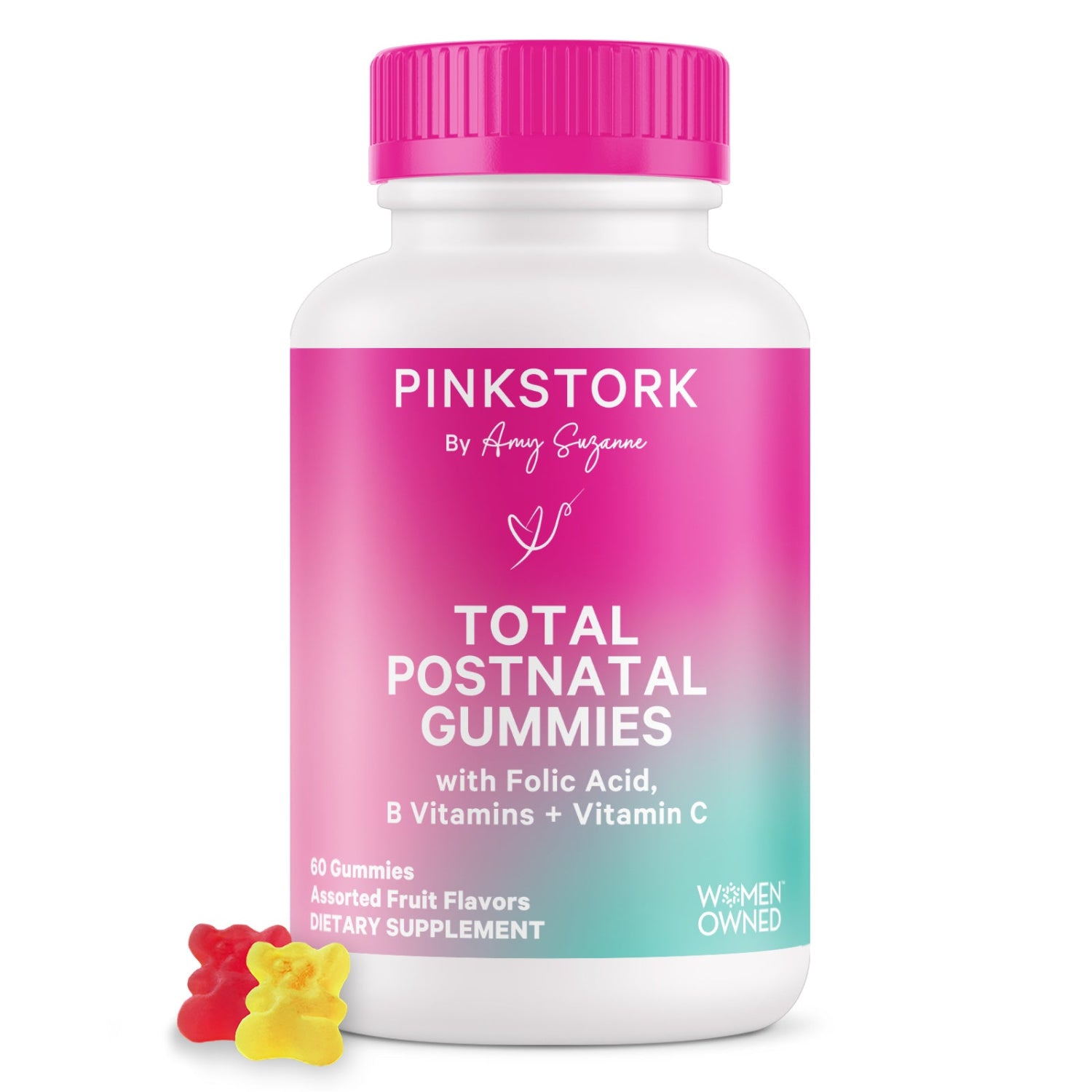 Pink Stork Total Postnatal Gummies bottle with pink cap on a white background