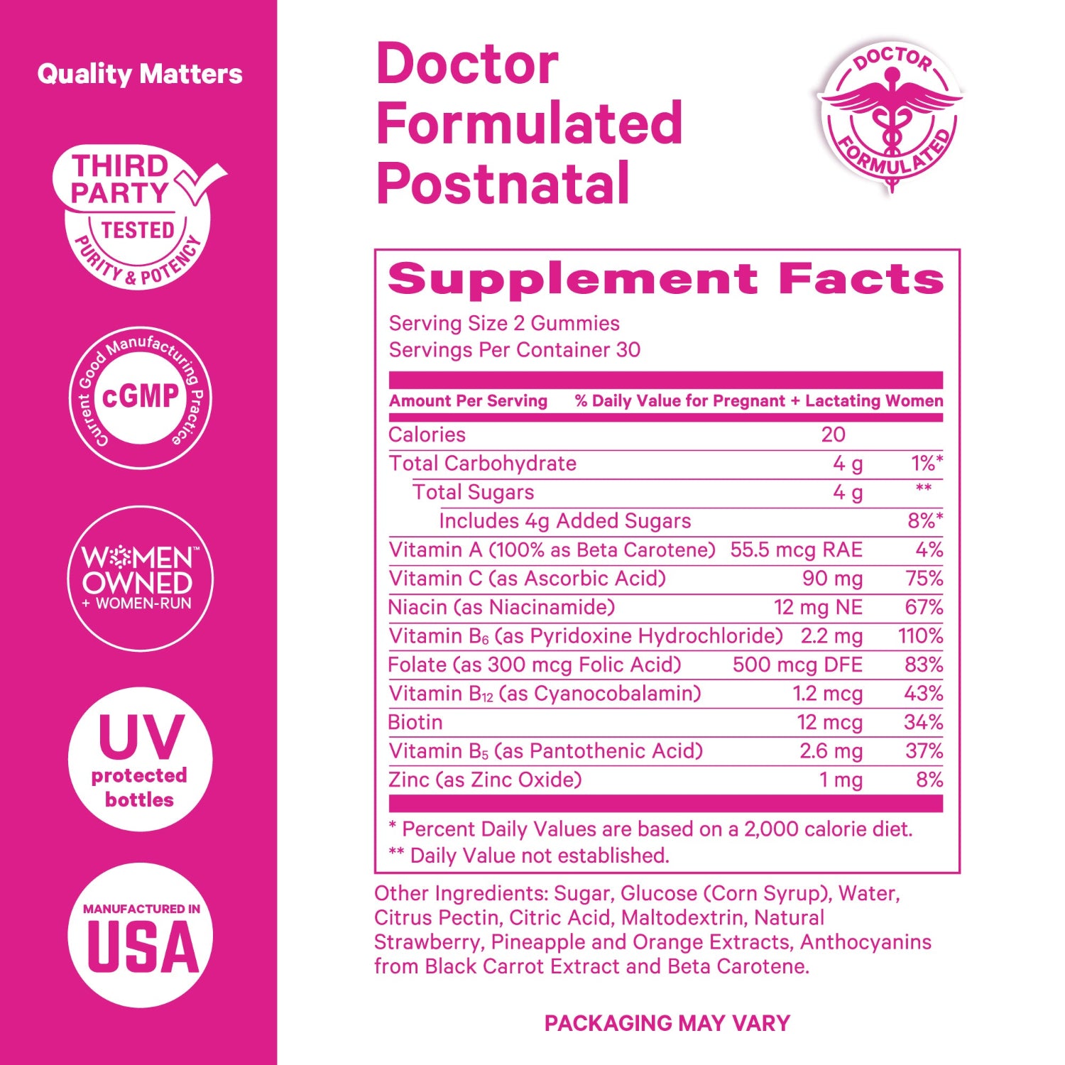 Supplement facts label for Doctor Formulated Postnatal gummies on a pink background with logos and text.