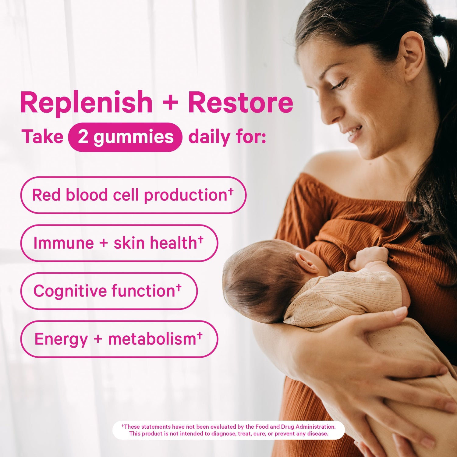 Woman holding a baby with health benefits text overlay on a white background