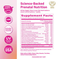 Prenatal nutrition supplement label with various certifications and facts.