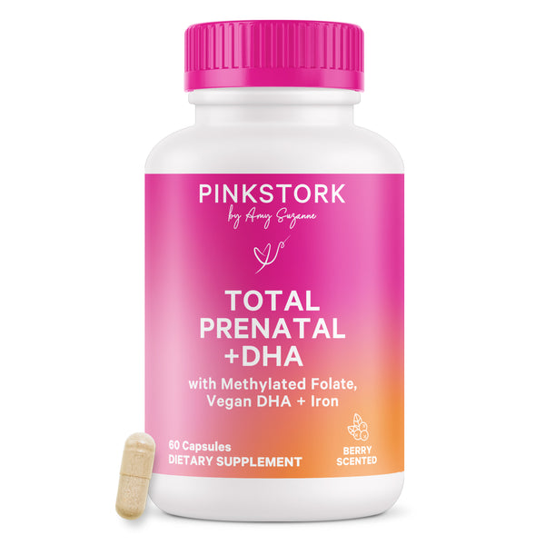 Supplement bottle with pink label that says "Total Prenatal + DHA"