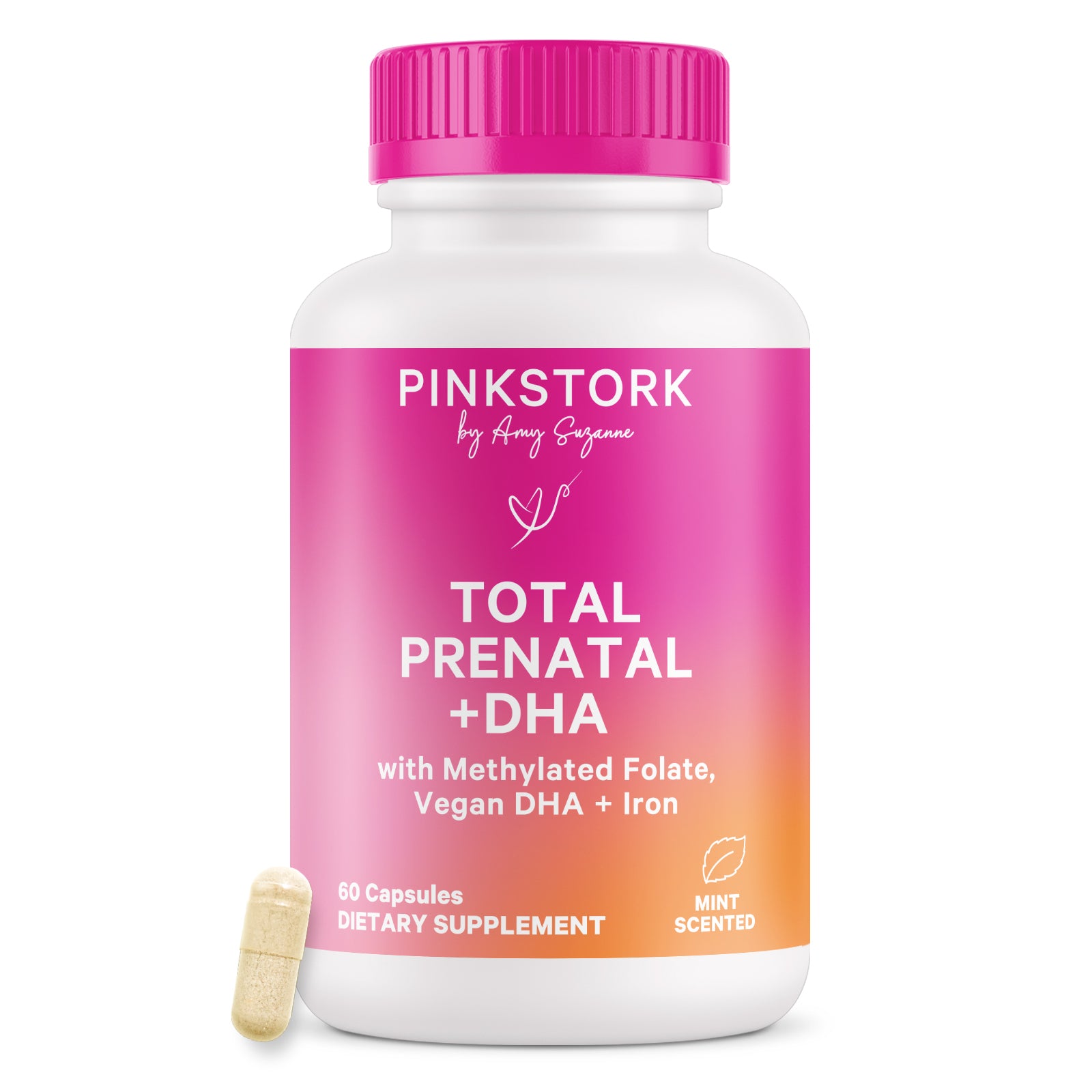 A supplement bottle that says "Total Prenatal + DHA" & "Mint Scented"