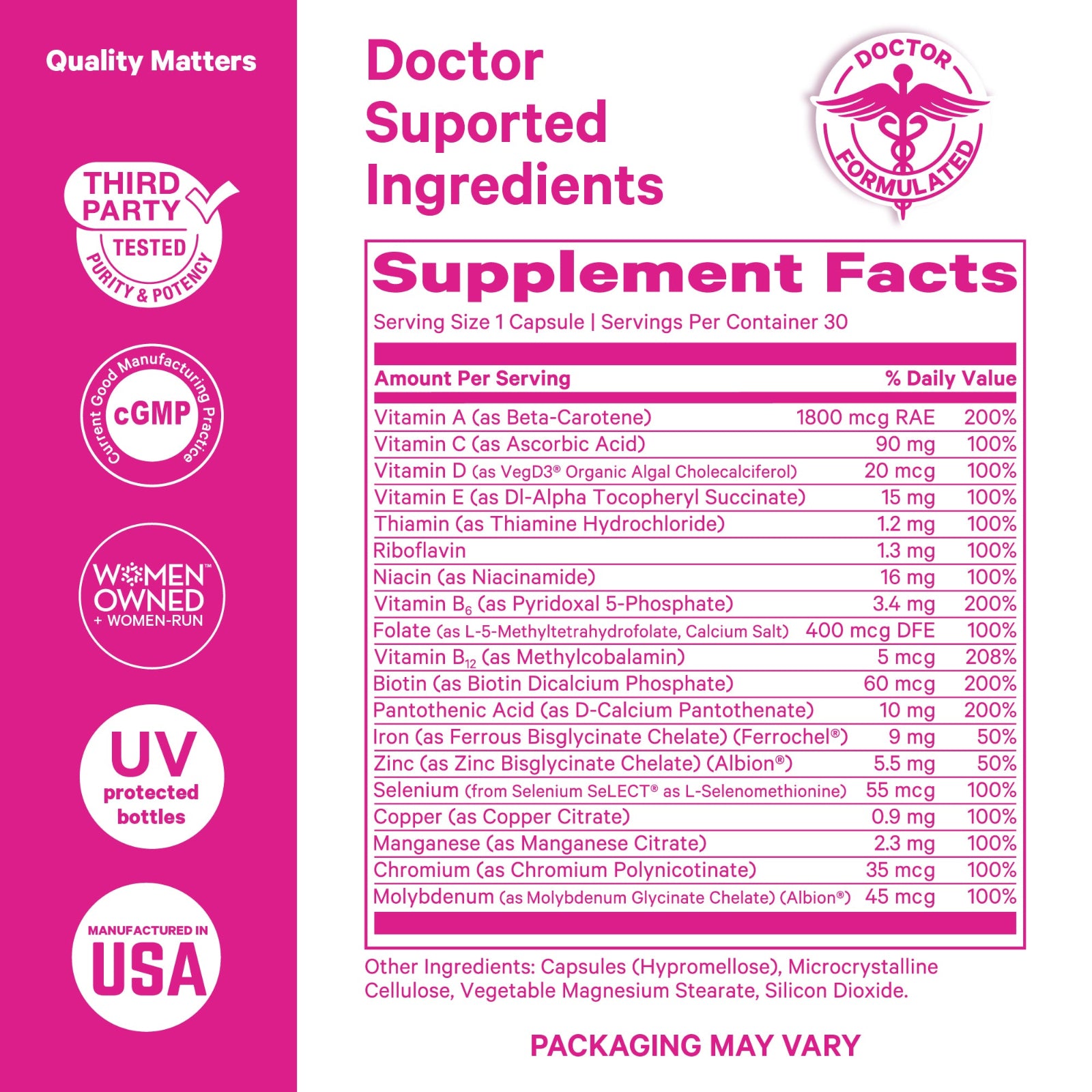 Supplement label with ingredients and facts on a pink background
