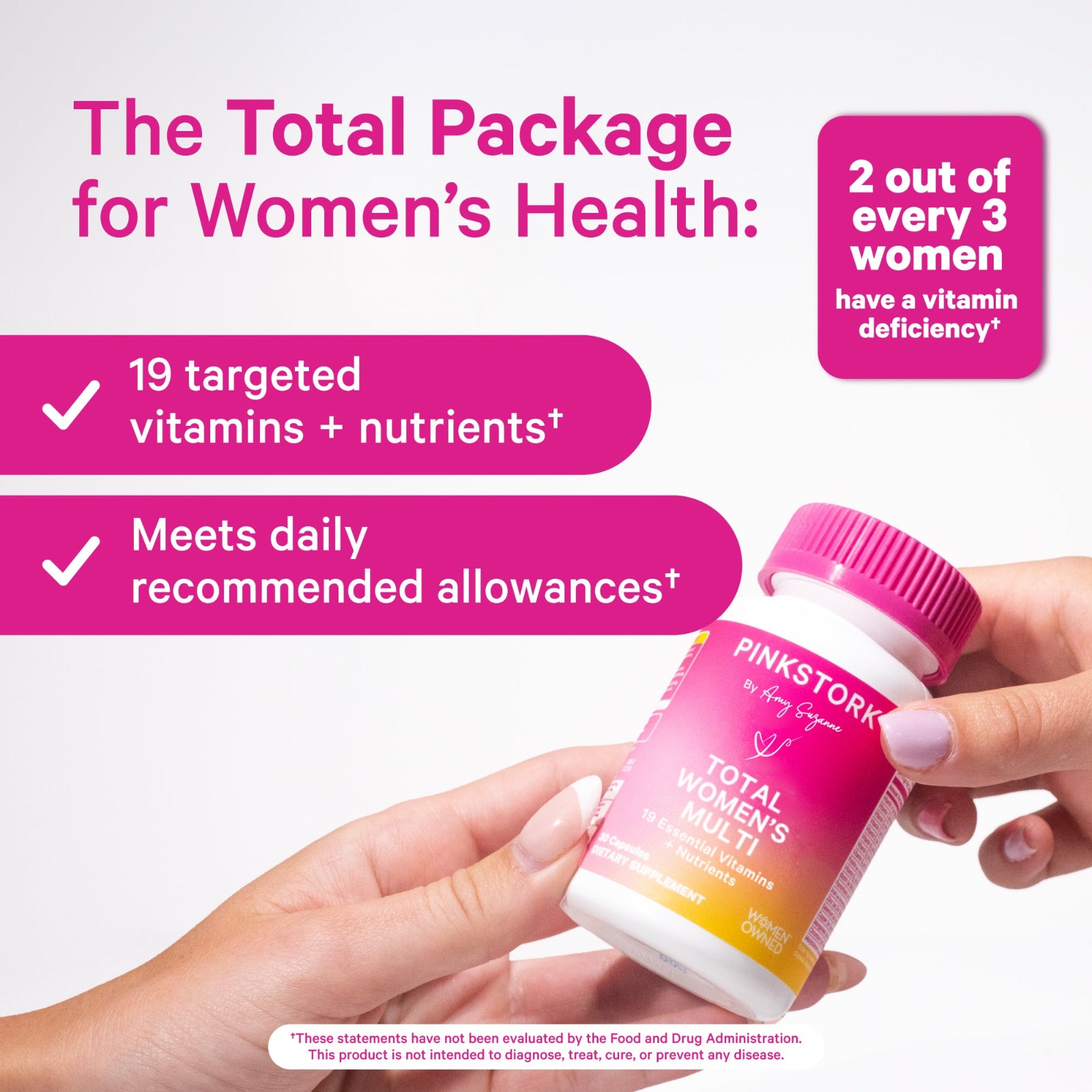 Pink bottle of Pink Stork Total Women's Multi held by a hand with promotional text about women's health and vitamin deficiencies.
