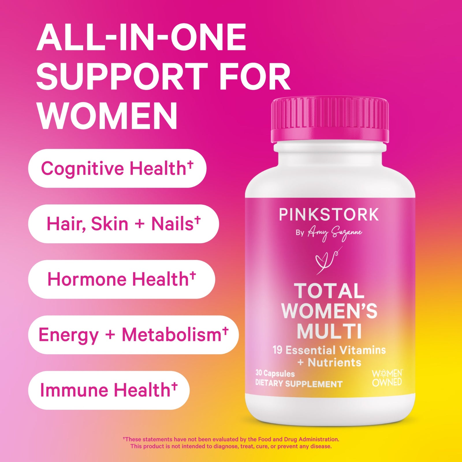 Pink Stork Total Women's Multi supplement bottle on a pink and orange gradient background with text about product benefits.