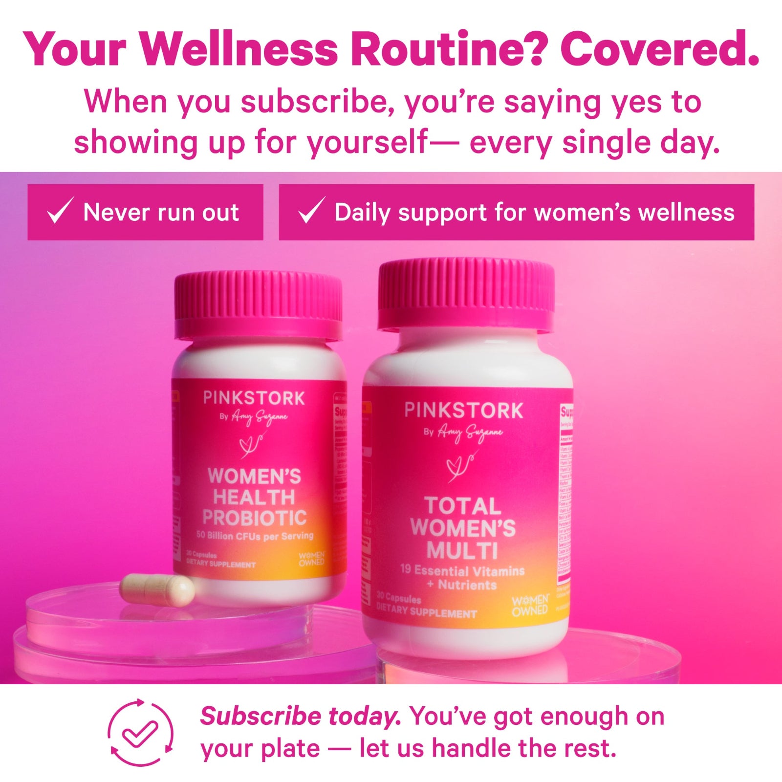 Two supplement bottles labeled 'Women's Health Probiotic' and 'Total Women's Multi' on a pink background with promotional text.
