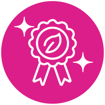 White badge icon with sparkles on a pink circle